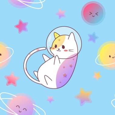 Parlak renklerde eğimli bir uzay kedisi ile bir örüntünün vektör görüntüsü.