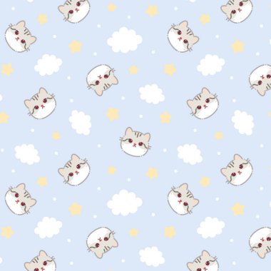 Kusursuz desen. Beyaz gri kedi suratı. Gökyüzünde bulut yıldızı. Şirin çizgi film kawaii komik gülümseyen bebek karakteri. Ambalaj kağıdı, tekstil şablonu. Çocuk odası dekorasyonu. Mavi arka plan. Düz Tasarım Vektörü