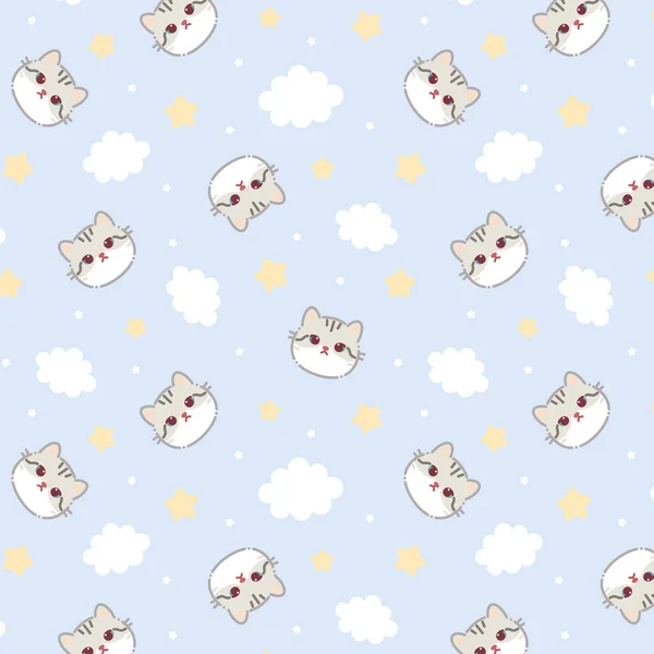 シームレスなパターン 白い灰色の猫の顔 空の雲の星 かわいい漫画かわいい笑顔の赤ちゃんのキャラクター 包装紙 テキスタイルテンプレート 保育園の装飾 青の背景 平面設計ベクトル — ストックベクタ