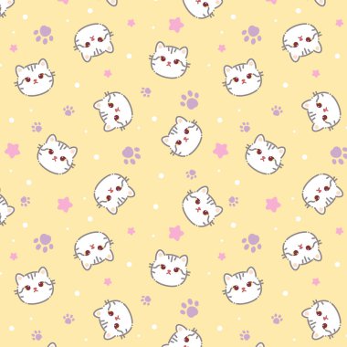 Sevimli kedilerin kusursuz desenleri, yıldız hayvanların pençeleri. Sarı arka planda vektör çizimi. Çizgi film tarzı düz tasarım. Çocuk yazdırma kavramı.