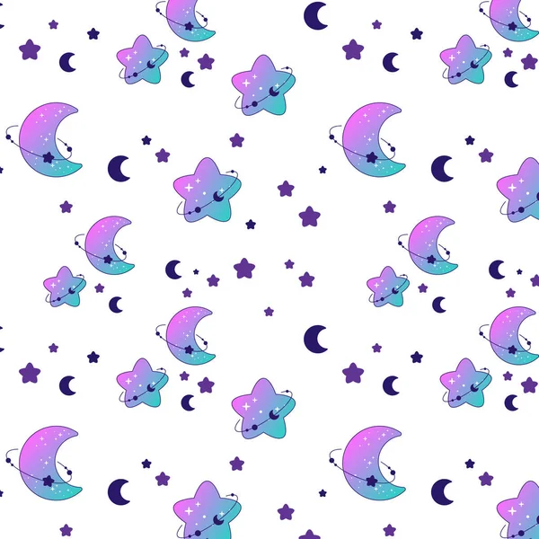 Cute Color Seamless Pattern Blue Purple Moon Stars White Background — ストックベクタ