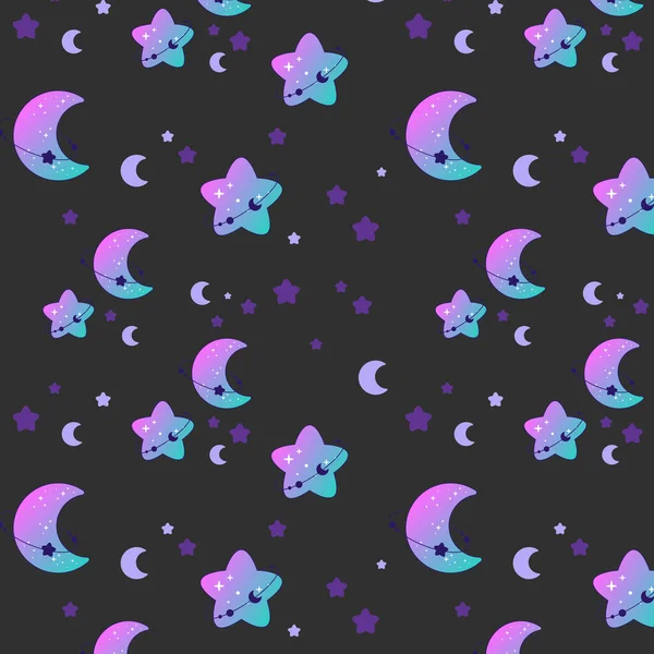 Cute Color Seamless Pattern Blue Purple Moon Stars Dark Grey — Stok Vektör