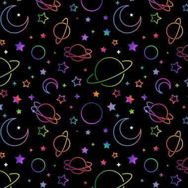 Kusursuz gece gökyüzü yıldız deseni. Çizim uydusu, uzay gezegenleri ve elle çizilmiş yıldız vektör çizimi. Astronomi dekoratif dokuyu sembolize eder. Kozmik duvar kağıdı, ambalaj kağıdı, tekstil tasarımı