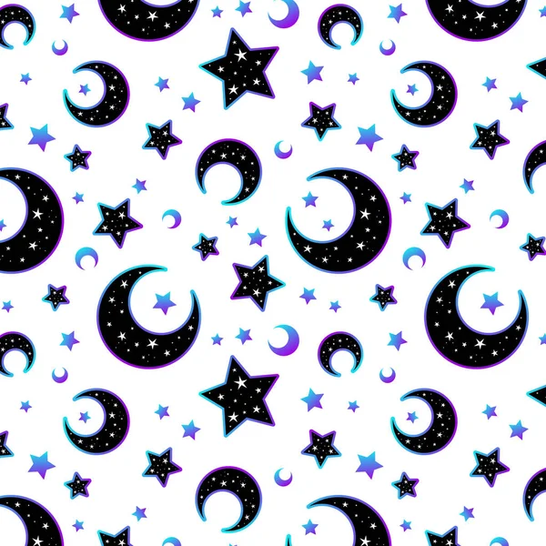 有月亮和星星的神秘明亮的霓虹灯图案 矢量说明 — 图库矢量图片