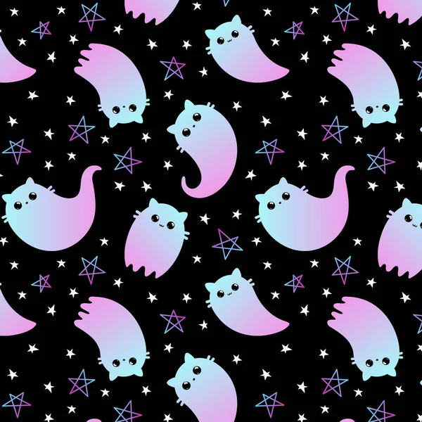 Halloween Płynny Wzór Wektorowa Ilustracja Słodkich Kotów Duchów Czarnym Tle — Wektor stockowy