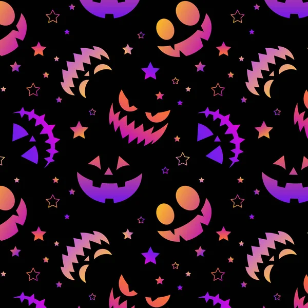 Halloween Nahtloses Muster Mit Schwarzem Hintergrund Und Geschnitzten Neonfarbenen Kürbisgesichtern — Stockvektor