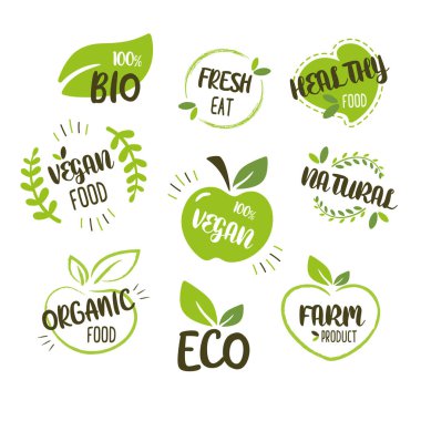 Biyoloji, ekoloji, organik logolar ve ikonlar, etiket, Etiketler. Elle çizilmiş biyo sağlıklı gıda rozetleri, çiğ, vegan, sağlıklı gıda işaret, organik ve öğeleri kümesi kümesi