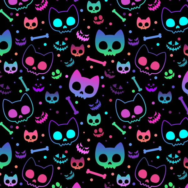 Nahtloses Muster Halloween Vektor Illustration Von Katzenschädelknochen Auf Rosa Hintergrund — Stockvektor
