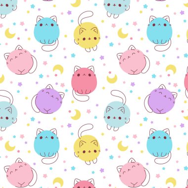 Soyut karalama kedi deseni. Şirin çizgi film kedisi, yassı karakterler, beyaz arka planda izole edilmiş vektör komik hayvanlar..