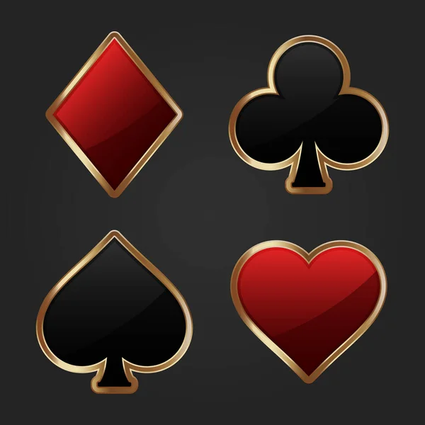 Играть Карты Символа Масти Иконки Золотыми Рамками Покер Сердца Клубы — стоковый вектор