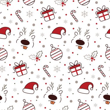 Komik geyikli, kusursuz Noel deseni. Noel süsü. Tatil arkaplanı, karikatür biçiminde ambalaj kağıdı