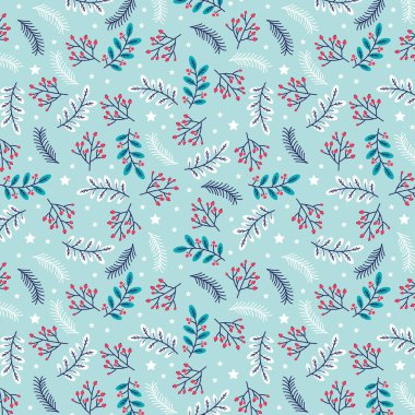 Noel aralıksız desenli, kutsal yapraklı ve dutlu. Tebrik kartları ve ambalaj kağıtları için kış arkaplanı. Vektör illüstrasyonu