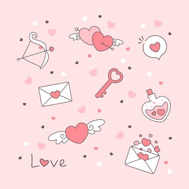 Sevgililer Günü karalama ikonları pembe bir arkaplanda izole edilmiş. Sevgililer Günü karalamaları..