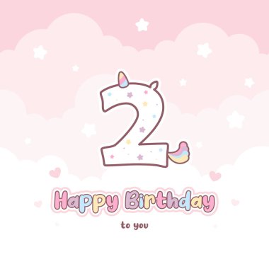 Second birthday greeting card with cute unicorn number. Birthday greeting card clipart