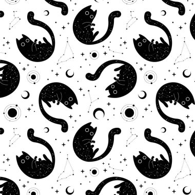 Beyaz arka planda kara kediler, ay ve yıldızlar olan mistik desen. Vektör illüstrasyonu.