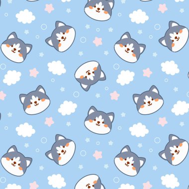 Şirin köpekleri, yıldızları ve bulutları olan kusursuz bir desen. Mavi arkaplanda vektör çizimi. Çizgi film tarzı düz tasarım. Çocuk yazdırma kavramı.