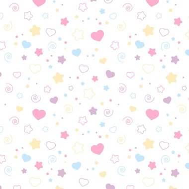 Yıldızlı ve kalpli şirin bir desen. Pastel renklerde gece gökyüzü. Bebek ve çocuk tasarımı için vektör arkaplanı.