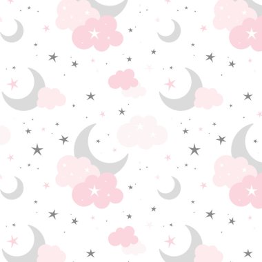 Hilal ay, bulutlar ve yıldızlarla kusursuz desen. Gece, gökyüzü, rüya, uyku düzeni. Vektör çizimi. Çocuksu şirin duvar kâğıdı.