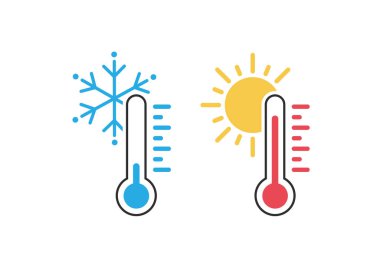 Sıcaklık ölçeği simgesi. Hava durumu. Güneş ve kar tanesi ikonlu termometre. Uygulamalar ve web siteleri için sıcak ve soğuk hava sıcaklığı sembolü ve düz biçim, vektör illüstrasyonu