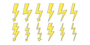 Şimşek simgeleri koleksiyonu. Flaş sembolü, yıldırım. Basit yıldırım çarpması işareti. Vektör illüstrasyonu.