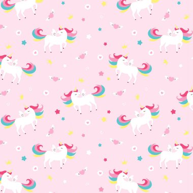 Şirin tek boynuzlu at vektörü kusursuz desen. Kawaii Tekboynuz. Çocuklar için izole vektör çizimi baskılar, posterler, tişörtler, çıkartmalar