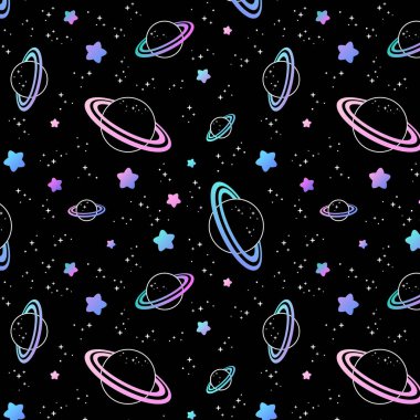 Siyah bir arka planda pürüzsüz gece gökyüzü yıldızları deseni. Çizim uydusu, uzay gezegenleri ve elle çizilmiş yıldız vektör çizimi. Astronomi dekoratif dokuyu sembolize eder. Kozmik duvar kağıdı, ambalaj kağıdı, tekstil tasarımı