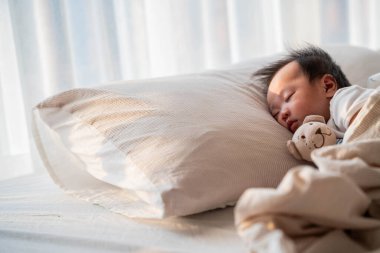 Yumuşak bir battaniyeye sarılı, yastığın üzerinde mışıl mışıl uyuyan bir bebeğin huzurlu görüntüsü. Sabah ışığı, bebeğin sakin ifadesini vurgular. Huzurlu ve huzurlu bir anı yakalar..