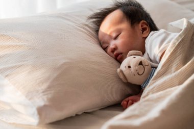 Yumuşak bir battaniyeye sarılı, yastığın üzerinde mışıl mışıl uyuyan bir bebeğin huzurlu görüntüsü. Sabah ışığı, bebeğin sakin ifadesini vurgular. Huzurlu ve huzurlu bir anı yakalar..