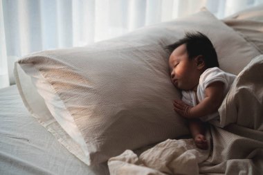 Yumuşak bir battaniyeye sarılı, yastığın üzerinde mışıl mışıl uyuyan bir bebeğin huzurlu görüntüsü. Sabah ışığı, bebeğin sakin ifadesini vurgular. Huzurlu ve huzurlu bir anı yakalar..