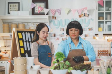Mavi gömlek ve önlük giyen kendini işine adamış bir şef sıcak, ev tarzı bir mutfakta taze salata hazırlıyor. Sofra sıcak ve misafirperver, bir dizi malzeme ve yemek konteynırları düzgünce masaya dizilmiş..