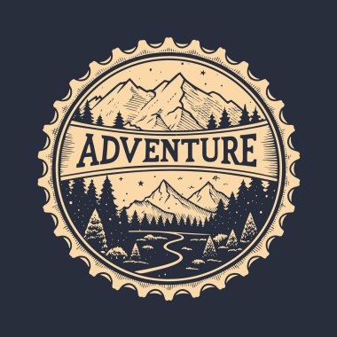 Metin içeren vintage etiket Macera, dağlar ve orman, vektör illüstrasyonu
