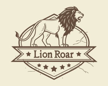 Aslan logosu, amblemi, etiketi veya rozeti klasik tarzda, vektör illüstrasyonu