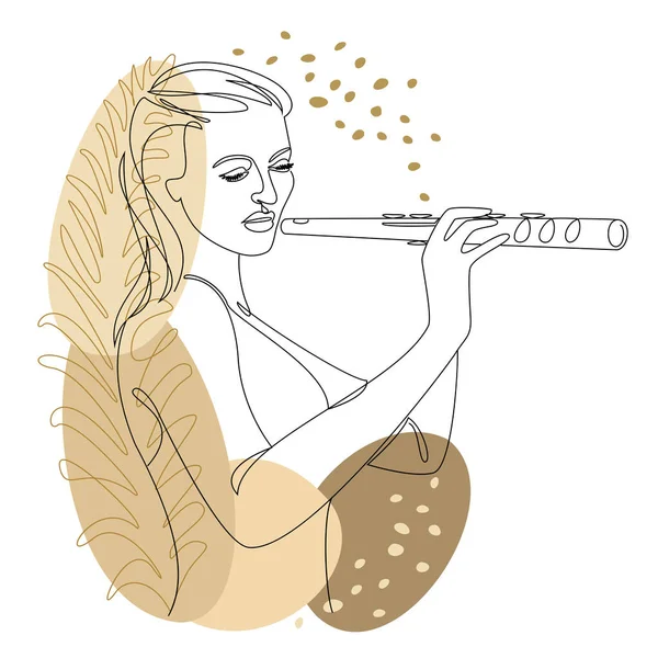 Silhouette of a beautiful woman with a flute and a leaf of a plant in a modern continuous line style. Flutist, slender. Outline decor, posters, stickers, logo. Vector illustration.