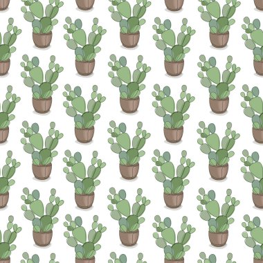 Yeşil, pembe ve beyaz renkli kalpleri olan şirin, pürüzsüz bir kaktüs deseni. Vektör komik doğa geçmişi. Meksika tasarımı.