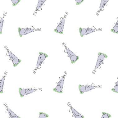 Vector seamless pattern of hand drawn doodle sketch colored bunny rabbit isolated on white background. Illustration in trendy single continuous line style