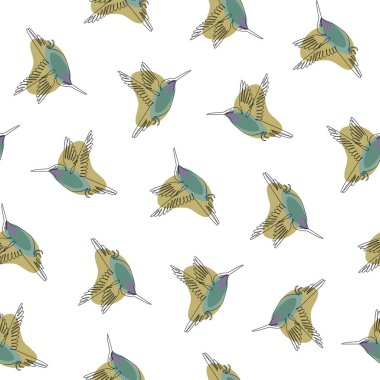 Hummingbird set. Decorative print for wrapping, wallpaper, fabric. Seamless texture. Graphic resource in trendy single line style. Suitable for childrens decor, vector illustration