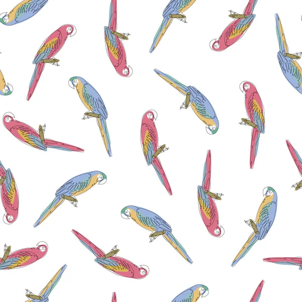 Seamless pattern with cute cartoon parrots. Graphic resource in trendy single line style. Suitable for childrens decor. Vector illustration