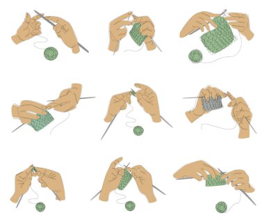 Tahsilat. İpliklerle örgü örüyorum. Erkeğin elleri, modern moda tarzında tek çizgili bir kadın. Düz çizgi, dekor taslağı, posterler, çıkartmalar, logo. Vektör illüstrasyonu