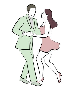 Güzel genç bir çift. Kız ve adam dans ediyorlar. Yaratıcı sanat. Grafik görüntüsü. Vektör çizimi