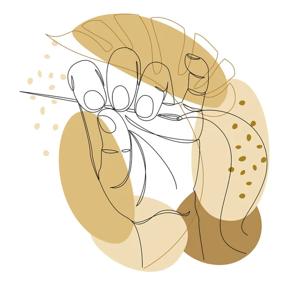 針や糸を持った人間の手は 現代的なワンラインスタイルで縫製し 植物の葉 連続線画 装飾用輪郭 ポスター ステッカー ベクターイラスト — ストックベクタ
