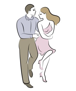 Güzel genç bir çift. Kız ve adam dans ediyorlar. Yaratıcı sanat. Grafik görüntüsü. Vektör çizimi