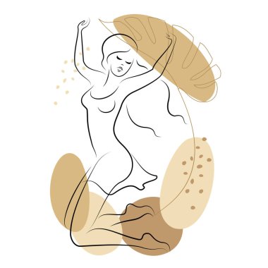 Tatlı bir bayanın silueti ve bitki yaprakları. Kız mutlu, sevinçten zıplıyor, ellerini kaldırıyor. Kadın çıplak ve incedir. vektör illüstrasyonu