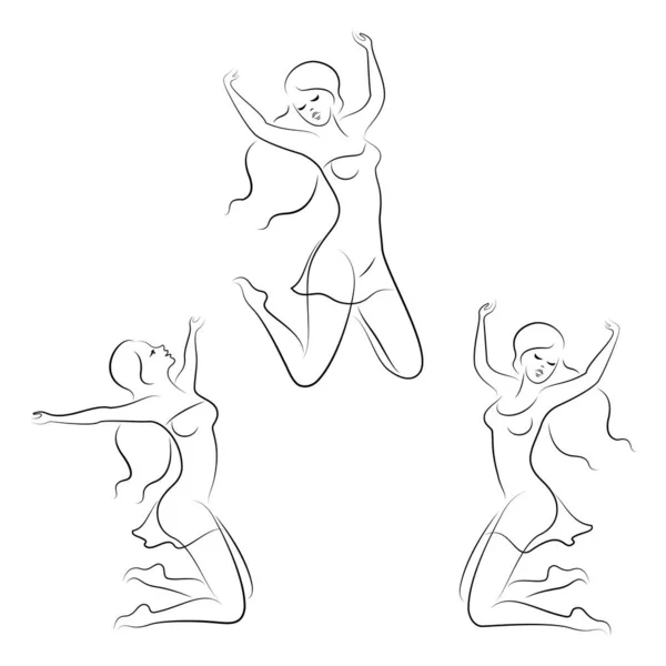 コレクション 素敵な女性のシルエット 女の子は喜びのためにジャンプし 彼女の手を上げ 満足しています 女性は裸でほっそりしている ベクターイラストセット — ストックベクタ