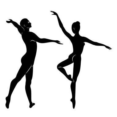 Sevimli bir bayan ve gençlik siluet, onlar bale dans. Kadın ve erkeğin güzel ince figürleri var. Kız balerin ve erkek arkadaş dansçısı. Bale dansçısı. Vektör çizimi