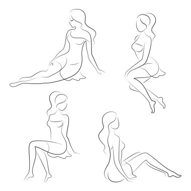 Tahsilat. Kadın silueti grafik bir çizgide. Kız zayıf ve çok güzel. Dekor, poster, çıkartma ve logo için uygun bir kadın. vektör illüstrasyonu