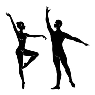Sevimli bir bayan ve gençlik siluet, onlar bale dans. Kadın ve erkeğin güzel ince figürleri var. Kız balerin ve erkek arkadaş dansçısı. Bale dansçısı. Vektör çizimi