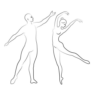 Sevimli bir bayan ve gençlik siluet, onlar bale dans. Kadın ve erkeğin güzel ince figürleri var. Kız balerin ve erkek arkadaş dansçısı. Bale dansçısı. Vektör çizimi