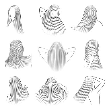 Tahsilat. Düz, güzel kız saçı. Hanımefendi çok güzel ve şık. Laminasyon ve keratin saç düzleştirici. Vektör illüstrasyonu