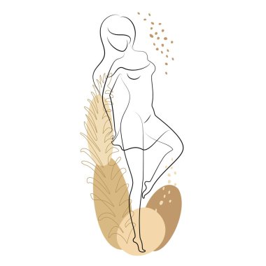 Modern, kesintisiz çizgi tarzında bir kadının silueti. Kız zayıf ve çok güzel. Estetik dekor için uygun bir bayan, posterler, çıkartmalar, logolar. Vektör illüstrasyonu.