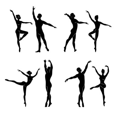 Koleksiyon. Bir bale oyuncusunun silueti. Kadın ve erkeğin güzel ince figürleri var. Kız balerin ve erkek arkadaş dansçısı. Vektör illüstrasyon seti.